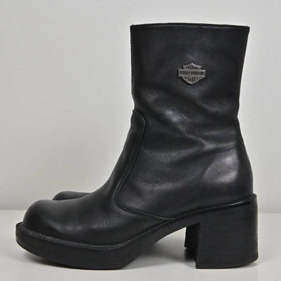Harley Davison Leather Mid Calf Moto Biker Riding Zip Up Black Boots US6.5 UK4.5 - Picture 3 of 16